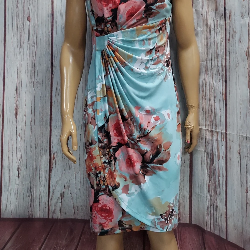 Connected Apparel Floral Print Ruched Wrap Look Midi Dress - Picture 11 of 14